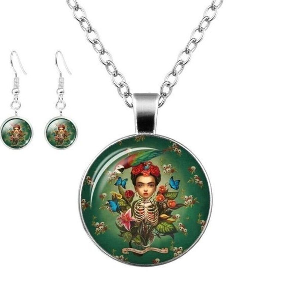 Frida Kahlo Art Necklace & Earring Set, Women Skeleton Pendant Necklace
